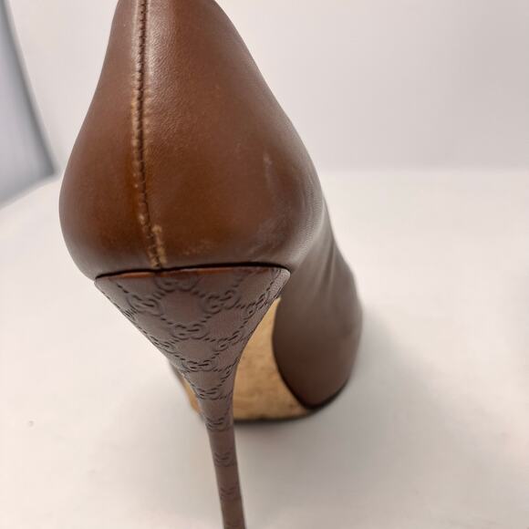 Gucci Womens 36 Chocolate Brown Leather Sofia Platform Stiletto Peep Toe Heels - Picture 13 of 16